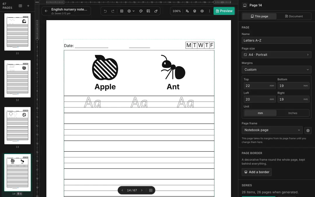 School360 Studio editor: a nursery notebook page with pictures and words, tracing letters, a date line with M T W T F boxes and the A–Z series setting